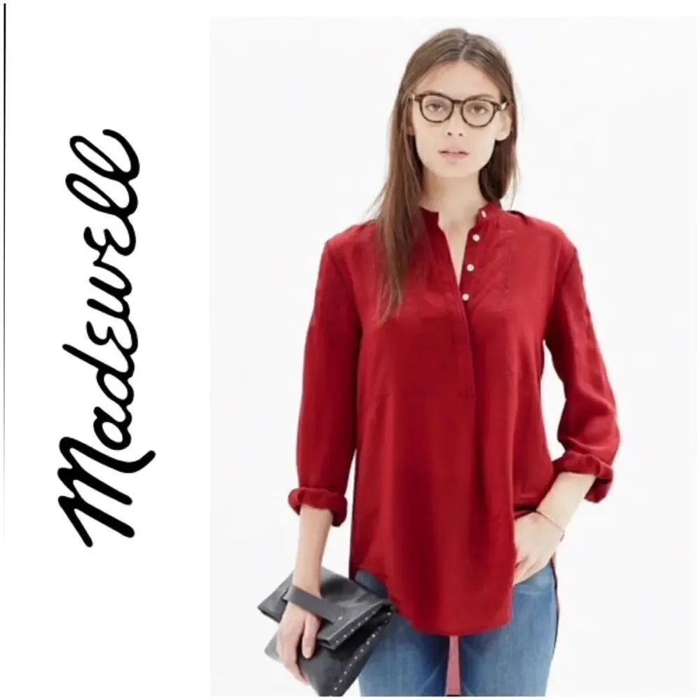 Madewell Ballad Red Silk Embroidered Tunic Long Sleeve Blouse Top